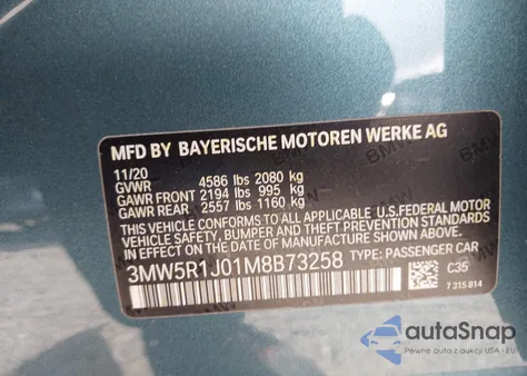 2021 BMW 330I z USA, uszkodzony, nr VIN 3MW5R1J01M8B73258